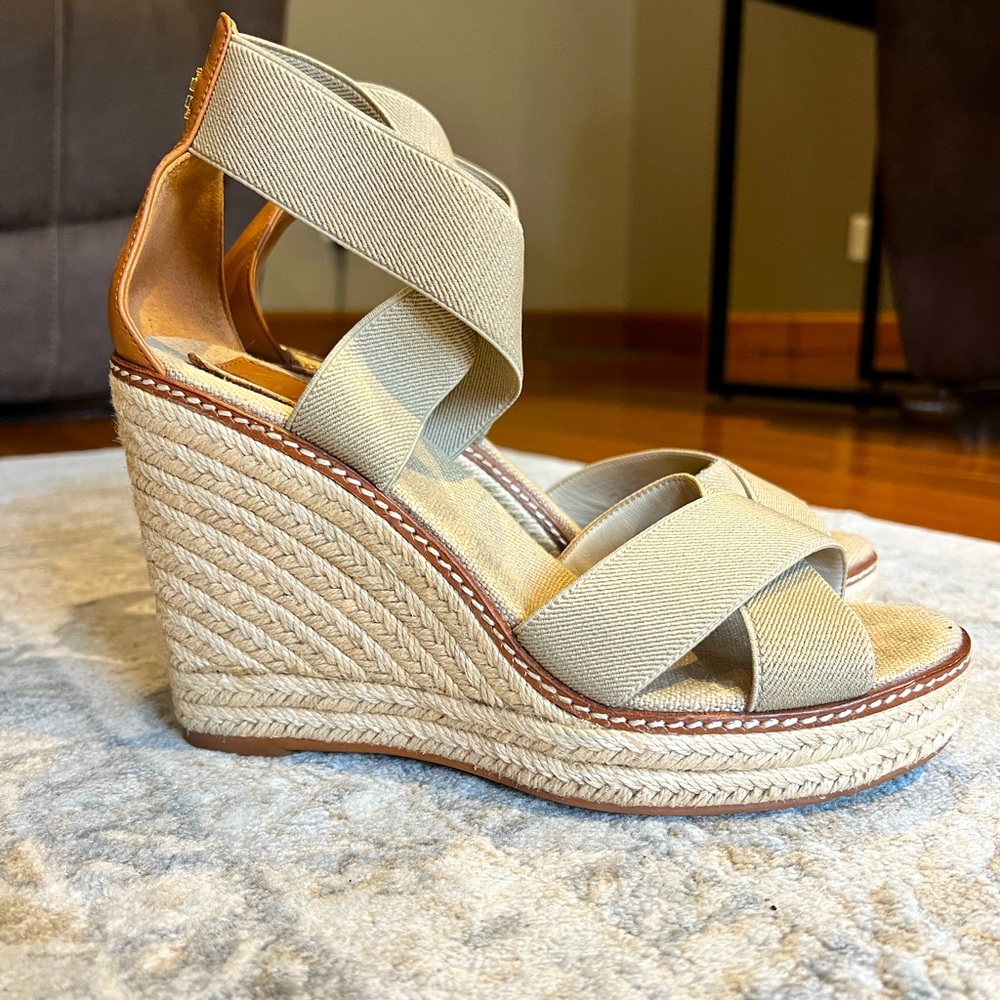 Nude colored Tory Burch Espadrille Wedges